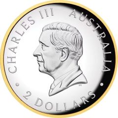 2 Dollars - Charles III 1st Portrait - Kookaburra, Silver Proof Gilded