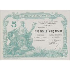 5 Baht / 5 Ticals Banque de l`Indo-Chine, Non-overprinted specimen