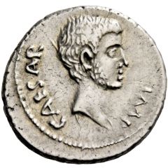 Denarius Julii: Caius Octavius, CAESAR IMP / ANTONIVS IMP