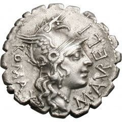 Denarius serratus Aurelia: Marcus Aurelius Scaurus, M•AVRELI ROMA / SCAVRI L•LIC•CN•DOM