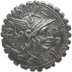 Denarius serratus Pomponia: Lucius Pomponius, L•POMPONI•CNF / L•LIC•CN•DOM