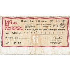 100 Lire Banca Popolare del Montefeltro e del Metauro