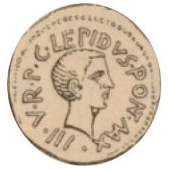 Aureus Aemilii: Marcus Aemilius Lepidus, Octavia, LEPIDVS•PONT•MAX•III•V•R•P•C•/CAESAR•IMP•III•VIR•R•P•C•