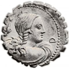 Denarius serratus Crepereia: Quintus Crepereius Rocus, Q•CREPEREI ROCVS