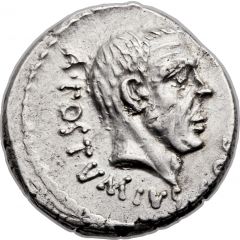 Denarius Junia: Decimus Junius Brutus Albinus, A•POSTVMIVS•COS / ALBINVS•BRVTI•F