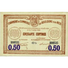 50 centimes - Chambre de Commerce de Boulogne-sur Mer [62] avec valeur en violet dans les coins inférieurs, 14/8/1914-7/7/1916