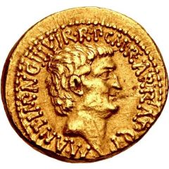 Aureus - Marcus Antonius and Octavian M·ANT·IMP·AVG·III·VIR·R·P·C·M·R·A·R·R·AT·Q·P / CAESAR·IMP·PONT·III·VIR·R·P·C