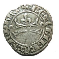 White Denier with crown - Joan of Naples and Louis of Tarante