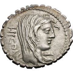 Denarius serratus Postumia: Aulus Postumius Albinus, HISPAN / A•POST•A•F•S•N ALBIN