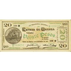 20 Pesos La Tesoreria General del Estado de Oaxaca