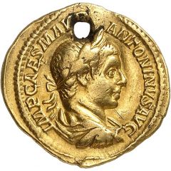 Aureus - Elagabalus PONTIF MAX TR P II COS II P P, Roma and Victory