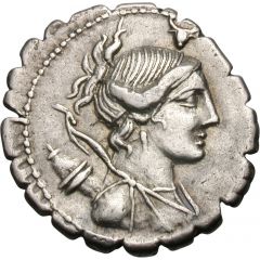 Denarius serratus Postumia: Aulus Postumius Albinus, A•POST•A•F S•N•ALBIN