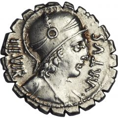 Denarius serratus Aquillia: Manius Aquillius, VIRTVS III•VIR / MN•AQVIL MN•F•MN•N SICIL