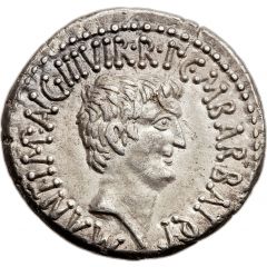 Denarius - Marcus Antonius M•ANT•IMP•AVG•III•VIR•R•P•C•M•BARBAT•Q•P / CAESAR•IMP•PONT•III•VIR•R•P•C