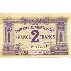 2 Francs - Chambre de Commerce d`Agen [47] <Filigrane abeilles>