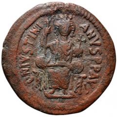 40 Nummi - Justinian I Antioch, ✶M✶, ☩THЄЧP☩, Enthroned