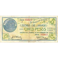 5 Pesos La Tesoreria General del Estado de Oaxaca