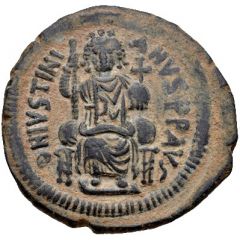 40 Nummi - Justinian I Antioch, ✶M✶, ☩THЄЧP, Enthroned
