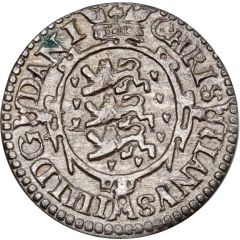 1 Skilling Dansk - Christian IV Oval shield, date under value
