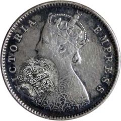 225 Réis - Luiz I Countermark `Crowned P.M` over 1/2 Rupee/Victoria, India