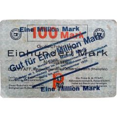 1 000 000 Mark G. M. Pfaff Nähmaschinenfabrik, countermark on 100 Mark