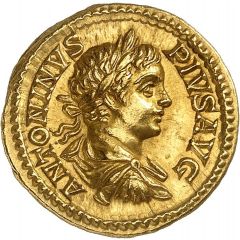 Aureus - Caracalla COS LVDOS SAECVL FEC, Hercules, Bacchus, and Liber