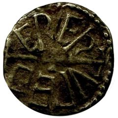 Sceat - Eadberht Stag right with cross, triquetra