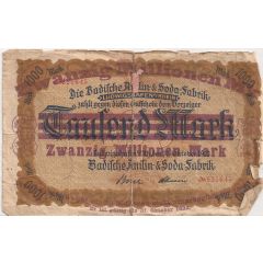 20 000 000 Mark Badische Anilin- and Soda-Fabrik/BASF, overprint on 1 000 Mark
