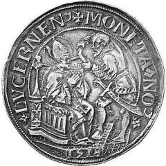Thaler Leodegar facing right, 15 coats of arms