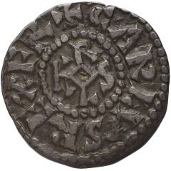 Denier - Charlemagne Sens, monogram and cross above three steps