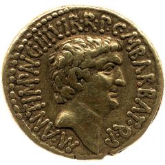 Aureus - Marcus Antonius and Octavian M·ANT·IMP·AVG·III·VIR·R·P·C·M·BARBAT·Q·P / CAESAR·IMP·PONT·III·VIR·R·P·C