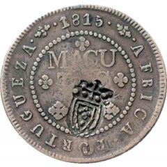 4 Macutas - Pedro V Countermark CROWNED SHIELD over `2 Macutas, João Prince`
