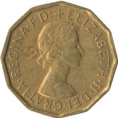 3 Pence - Elizabeth II 1st portrait, without `BRITT:OMN`