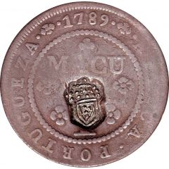 1/2 Macuta - Maria II Countermark `CROWNED SHIELD` over `1/4 Macuta, Maria I`
