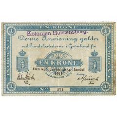 1 Krone Den Kongelige Grønlandske Handel, overprint on 1905 1 krone note, Kolonien Holstensborg