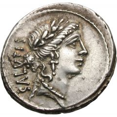 Denarius Acilia: Manius Acilius Glabrio, SALVTIS / MN•ACILIVS III•VIR•VALETV