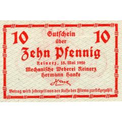 10 Pfennig Mechanische Weberei Reinerz Hermann Hanke