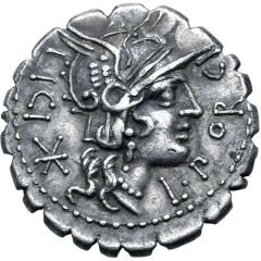 Denarius serratus L. Porcius, L. Licinius and Cn. Domitius