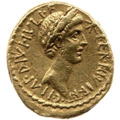 Aureus - Octavius Posthumous, IMP•DIVI•IVLI•F TER•III•VIR•R•P•C• / M•AGRIPPA•COS DESIG