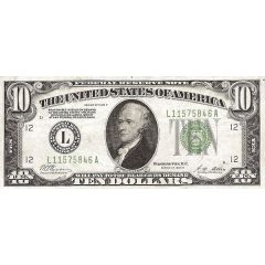 10 Dollars Federal Reserve Note, Large TEN, Branch ID in Letters