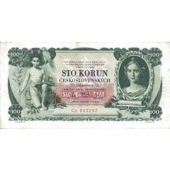 100 Korún Overprint `SLOVENSKÝ ŠTÁT` on Czechoslovak note
