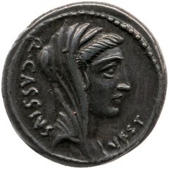 Denarius Cassia: Quintus Cassius Longinus, VEST Q•CASSIVS / AC