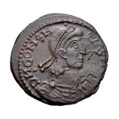 Æ In the name of Constantius II, Horseman facing down, full reverse legend