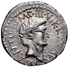 Denarius Antonii: Marcus Antonius, M•ANTON•IMP•III•VIR•R•P•C•AVG / CAESAR•IMP•PONT•III•VIR•R•P•C•