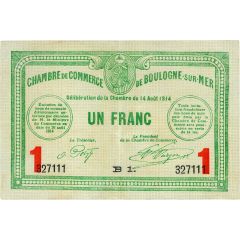 1 franc - Chambre de Commerce de Boulogne-sur-Mer [62] avec valeur dans les coins inférieurs
