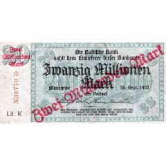 2 000 000 000 Mark Badische Bank, overprint on 20 000 000 Mark