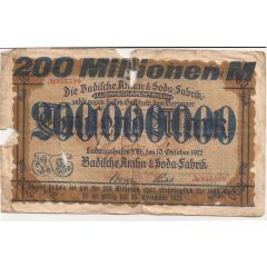 200 000 000 Mark Badische Anilin- and Soda-Fabrik/BASF, overprint on 1 000 Mark