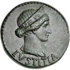 Dupondius TI CAESAR DIVI AVG F AVGVST P M TR POT XXIIII round S C, Justitia