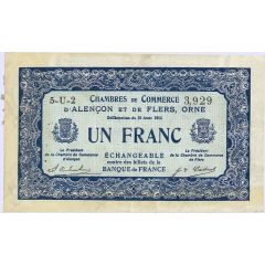 1 Franc - Chambres de commerce d`Alençon et de Flers [61] <Bleu, filigrane abeilles>