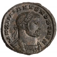 Nummus - Galerius as Caesar Large head, short neck, MAXIMIANVS NOB CAES, GENIO POPVLI ROMANI, Londinium